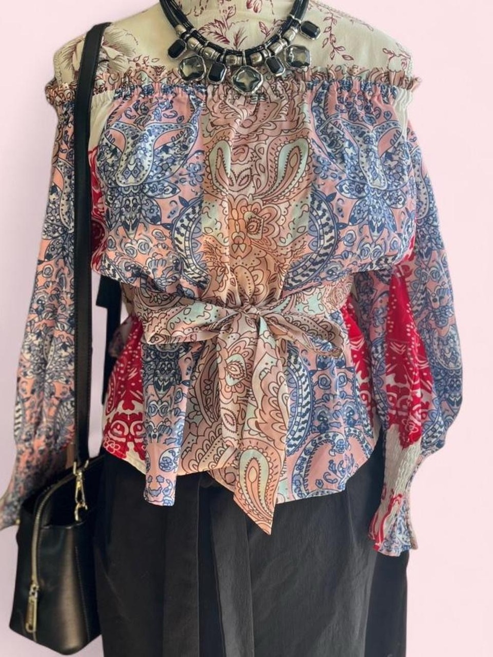 Trendy boutique Off-Shoulder Paisley Tie-Waist Blouse - Pink & Blue & Red